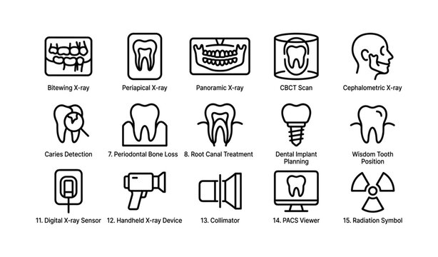 Dental x ray and treatment icons showing tooth diagrams on white