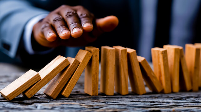 A hand is about to knock over a wooden domino