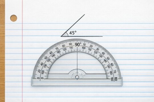 A protractor and a ruler on a piece of lined paper, great for education or office use