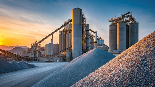 Industrial cement plant with silos and conveyor belts at sunset, gravel piles in foreground