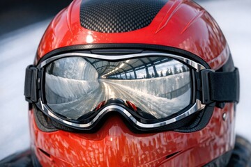 Fototapeta premium A person wearing a protective helmet and goggles, ideal for use as a symbol or illustration in various contexts