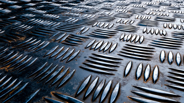 A close-up of a metal surface with a pattern of parallel lines and shapes that resemble stylized fish or waves