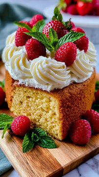 A slice of yellow cake with white frosting and raspberries on a wooden cutting board