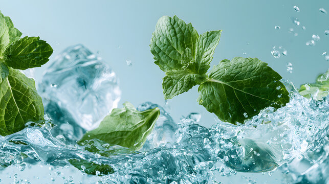 Clear water with ice cubes and mint leaves added for a refreshing, bubbly drink