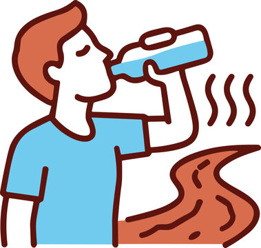 Man drinking water from bottle, feeling hot, dehydration relief, summer heat, thirst