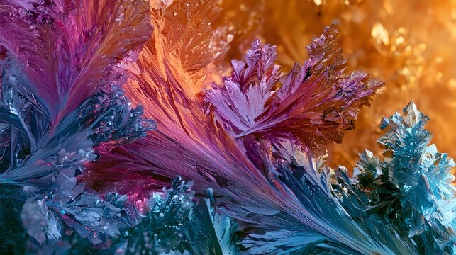 Macro crystallization process captured as colorful branching structures expanding outward, scientific art style, premium clarity