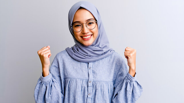 A smiling woman wearing a hijab and glasses with her fists raised in a triumphant gesture