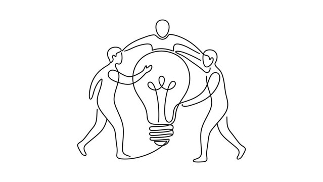 Continuous one line drawing of three people holding a lightbulb representing teamwork and innovation.