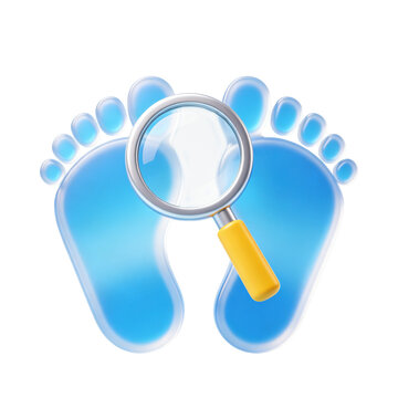 Transparent Blue Footprint Silhouette 3D Icon with Yellow Handle Magnifying Glass Over Foot Mark, Investigation Tracking Concept