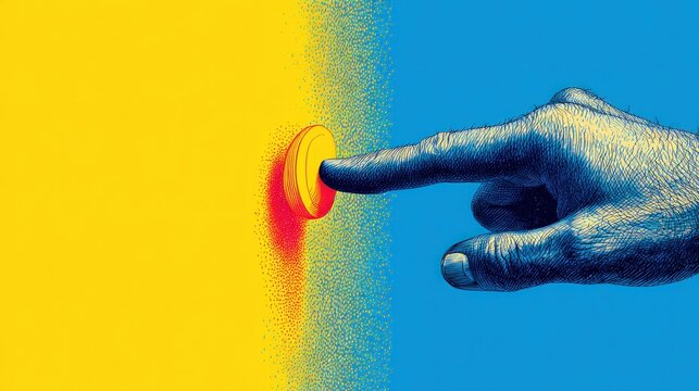 Finger pressing yellow button on blue background