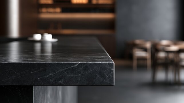 Stunning photo of mockup of black marble bar counter with product placement on dark, blurred restaurant background.