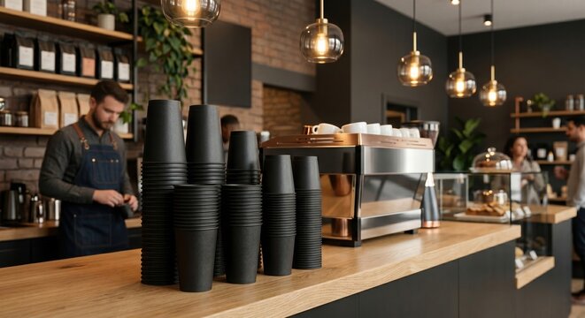 Stacks of blank black paper coffee cups on a wooden counter in a modern cafe interior. Takeaway packaging mockup, barista and coffee shop small business concept.