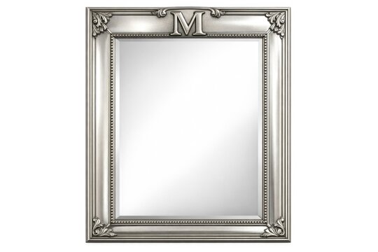 A silver framed mirror with the letter M initial, ideal for home decor or as a decorative accessory