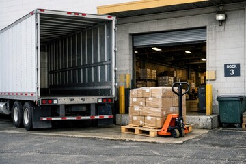 Naklejka premium A truck is parked outside a warehouse, ready for unloading or loading