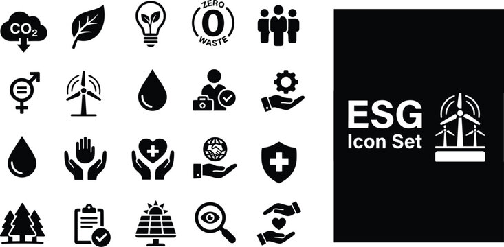 ESG icon set. Environmental, Social, and Governance icon collection. Green energy and renewable power solid icon set. green investment, solar power, zero waste and reforestation vector icons.