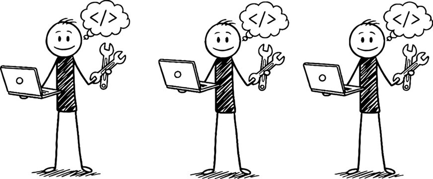 Cartoon character holding laptop with code symbols above head.