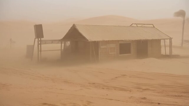Desert sandstorm engulfs simple dwelling and palm tree