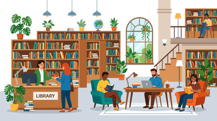 Library interior, people reading and studying, bookshelves, modern library design, educational environment © MSTMANWARA