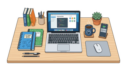 Fototapeta premium Office workspace, desk with laptop, computer accessories, stationery, modern illustration
