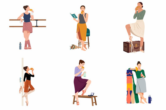 Collection of minimalist flat illustrations showing female ballet dancers taking a snack break and relaxing during rehearsal in various graceful poses.