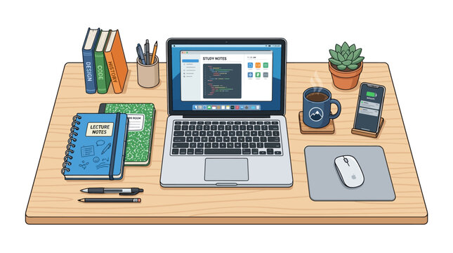 Office workspace, desk with laptop, computer accessories, stationery, modern illustration