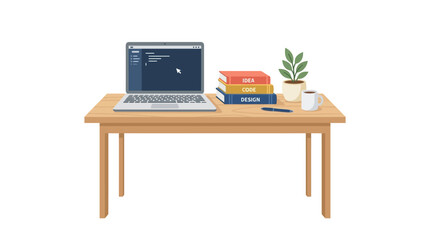 Fototapeta premium Home office workspace, minimalist desk setup, laptop and books, modern study area, wooden table