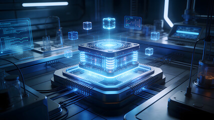 Fototapeta premium Quantum Computing and Artificial Intelligence in a Futuristic Research Laboratory
