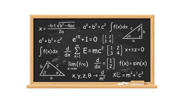 Mathematical equations, physics formulas, blackboard, education, science, classroom, white chalk
