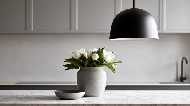 Stunning photo of close-up of marble kitchen bench with black pendant light and vase.