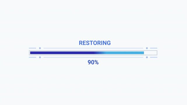 Modern flat vector animation of a restoring progress bar with loading status text and percentage indicator. Ideal for data recovery, backup, software, web applications, dashboards, and technology proj
