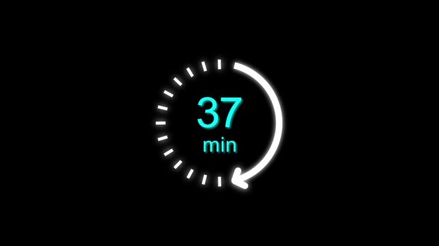 37 Min clock icon animation. Clock with 37 min and circular arrows timer animation on transparent background. and creating a stunning 4k video.