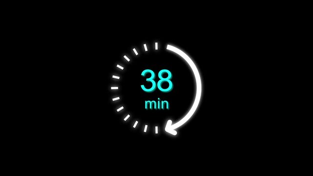 38 Min clock icon animation. Clock with 38 min and circular arrows timer animation on transparent background. and creating a stunning 4k video.