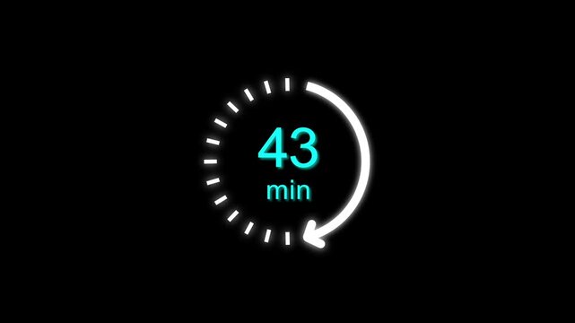 43 Min clock icon animation. Clock with 43 min and circular arrows timer animation on transparent background. and creating a stunning 4k video.