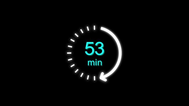 53 Min clock icon animation. Clock with 53 min and circular arrows timer animation on transparent background. and creating a stunning 4k video.