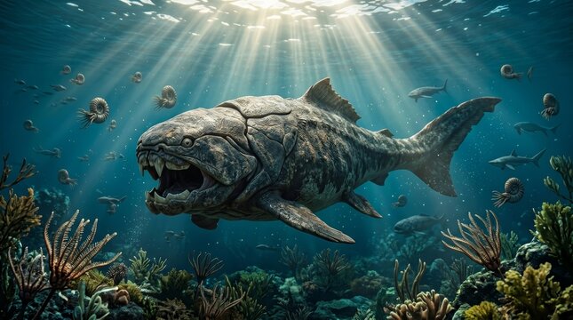 Ancient Devonian underwater landscape with a giant armored Dunkleosteus swimming among prehistoric fish and ammonites.