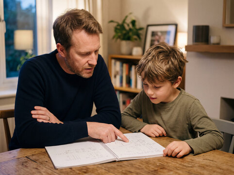 Caring father helping his son with homework at the dining table in the evening, pointing at notebook while the boy listens attentively, highlighting family support in education