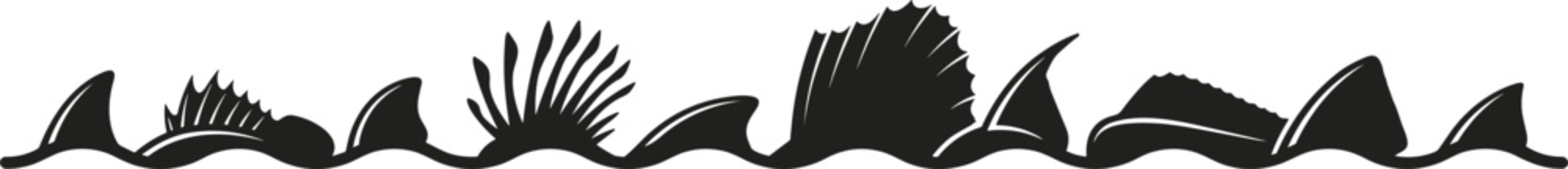 Ocean Dorsal Fin Silhouette Border Vector Set with Shark, Sailfish, and Sea Monster Icons for Nautical, Marine, and Coastal Graphic Designs