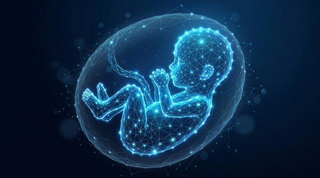 Abstract digital wireframe illustration of human fetus development with pregnancy development abstract futuristic conception technology illustration research innovation medicine