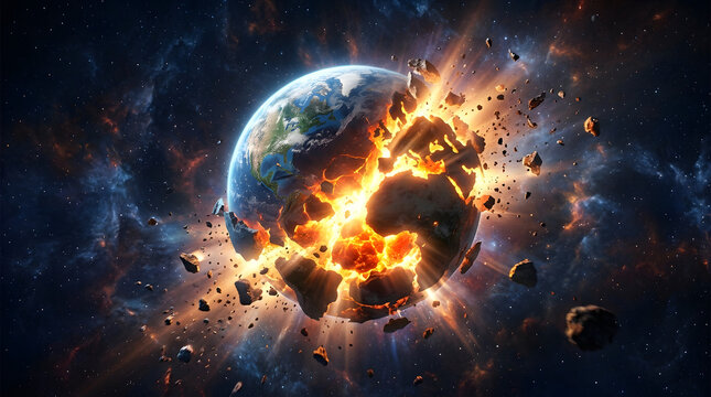 The explosion of the earth. Dark atmospheric background.