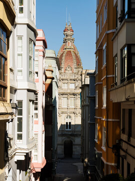 Historic rooftops and dome of the Municipal Palace in La Coruna, Spain