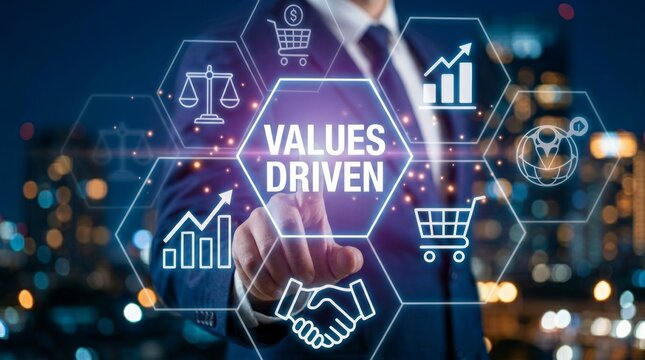 Business concept of values driven marketing and customer centricity using digital hexagonal icons.