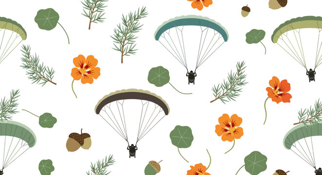 Colorful parachutes and flowers in a playful pattern design.