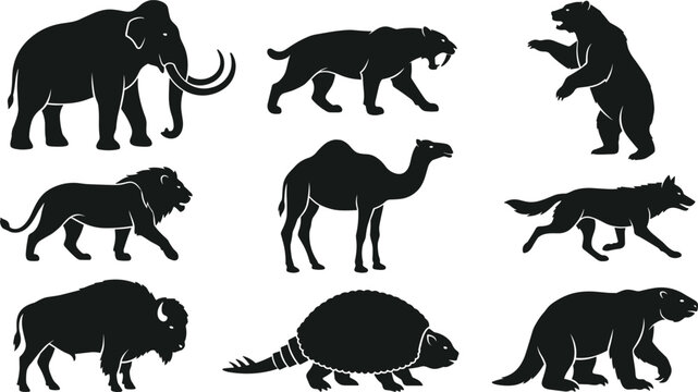 Prehistoric Ice Age Mammal Silhouette Vector Set with Mammoth, Saber Toothed Cat, Glyptodon, and Megatherium Icons for Graphic Designs