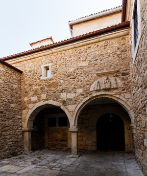 Historic view of the inner courtyard of the Santa Barbara Convent, La Coruna, Galicia, Spain