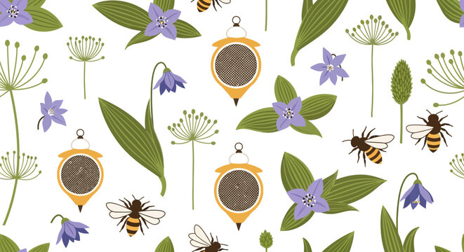 Colorful floral and bee pattern illustration.