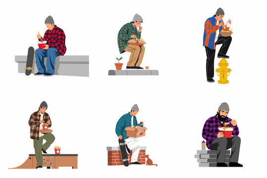 Collection of flat illustrations showing young male skateboarders enjoying street food like poutine in various urban settings.