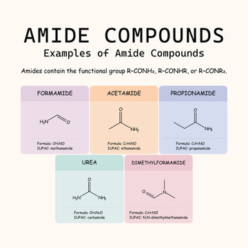 Educational infographic set of amide compounds including formamide, acetamide, propionamide, urea, and dimethylformamide. Contains chemical structures, formulas, and IUPAC names for organic chemistry 