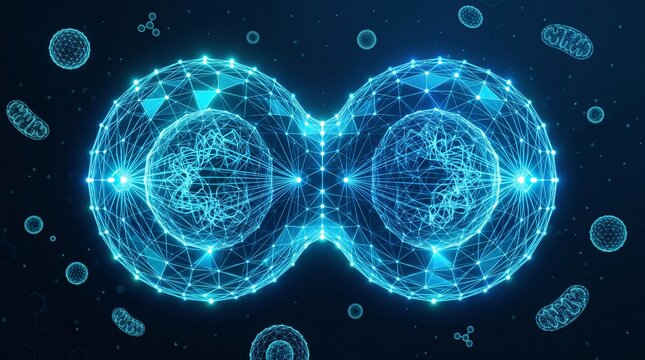 Biological cell division abstract polygonal illustration representing cellular mitosis with division scientific microscopic research microbiology genetics biotechnology structure
