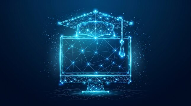 Digital education concept with abstract polygonal computer monitor and graduation cap illustration e learning education computer learning graduation technology academic knowledge