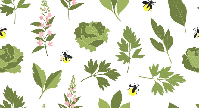 Assorted Green Leafy Vegetables and Herbs Illustration.